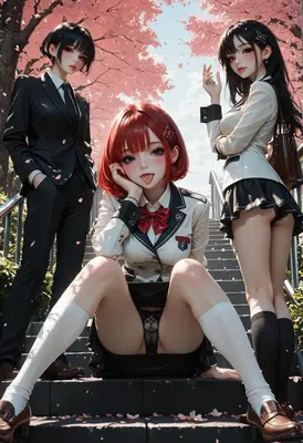 School Trio Under Cherry Blossoms