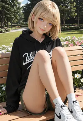 Blonde Girl Relaxing on Park Bench