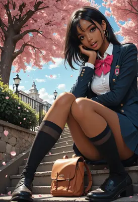 Schoolgirl Resting Beneath Cherry Blossom Trees