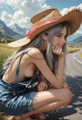 Summer Roadside Rest in Straw Hat