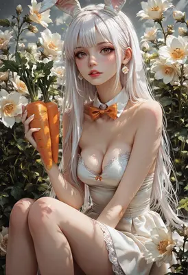 White Rabbit Girl with Fresh Carrots