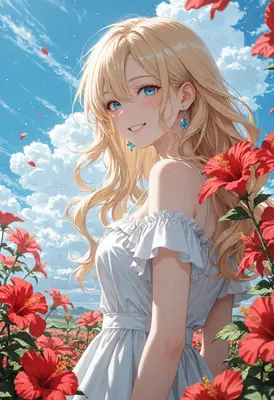 Radiant Blonde Girl in Hibiscus Field