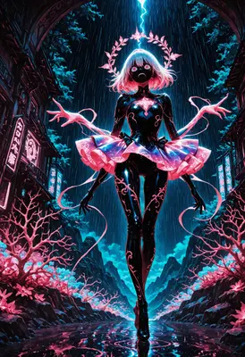 Neon Sorceress in the Midnight Rain