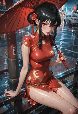 Red Qipao Girl in the Rain