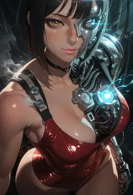 Cybernetic Beauty in Red Leather