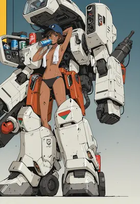 Pilot Refreshing Beside Her Heavy Mech