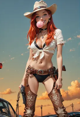 Sassy Redhead Cowgirl with Bubblegum