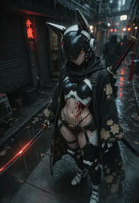 Cybernetic Ronin in the Rain