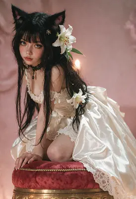 Ethereal Cat Girl in White Dress