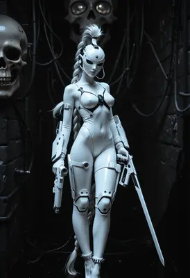White Cybernetic Warrior in Shadows