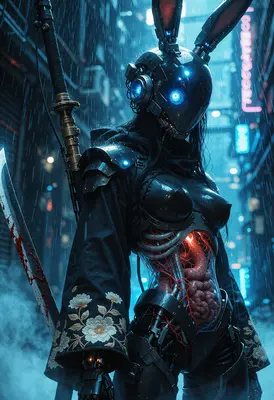 Cybernetic Rabbit Ronin in Rain