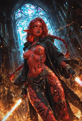 Red Demon Warrior in Gothic Cathedral