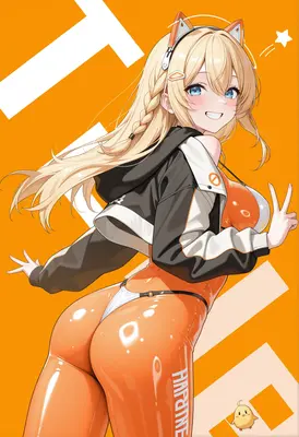 Cheerful Blonde Girl in Orange Bodysuit