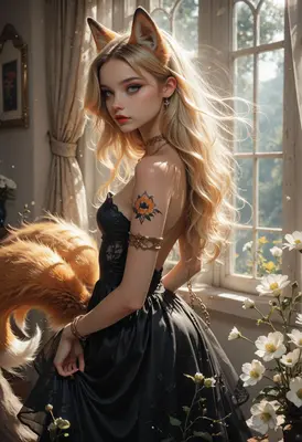 Elegant Fox Girl in Black Dress