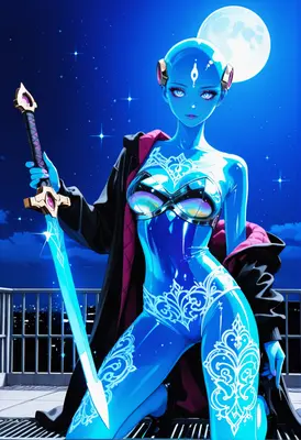 Neon Blue Warrior Under Moonlight