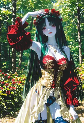 Gothic Rose Maiden in Sunlit Forest