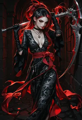 Crimson Scythe Wielder in Gothic Attire
