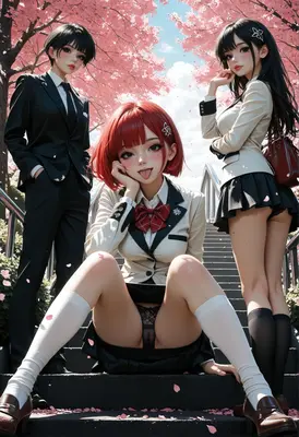 School Friends Under Cherry Blossom Trees