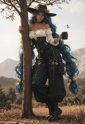 Blue Haired Traveler Resting by Tree