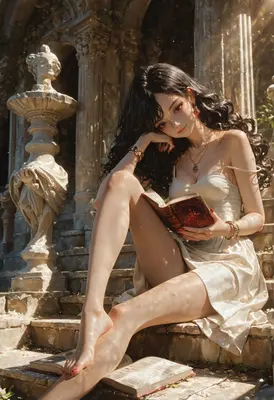 Elegant Scholar Reading in Ancient Ruins