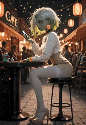 Zombie Girl Texting at Cafe