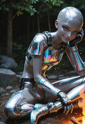 Cyborg Resting by the Campfire