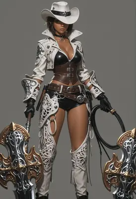 Steampunk Cowgirl Warrior with Ornate Axes