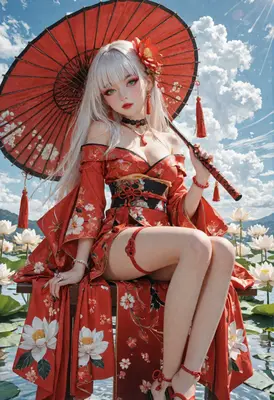 Elegant Lady with Red Floral Parasol