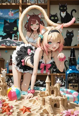 Playful Cat Girls at the Beach