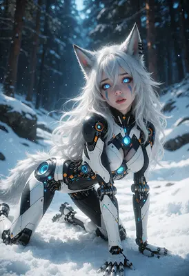 Cybernetic Wolf Girl in Snowy Forest