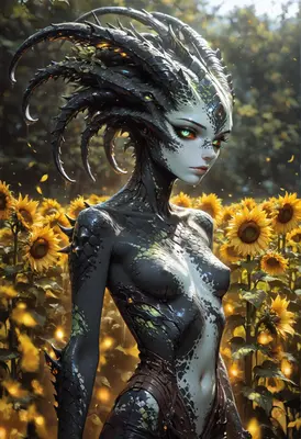 Ethereal Alien Serpent in Sunflower Field