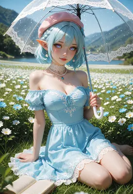 Elf Girl with Parasol in Meadow