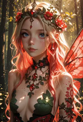 Ethereal Forest Fairy with Red Wings