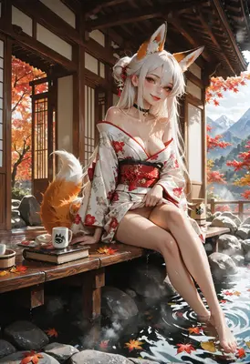 Kitsune Relaxing in Autumn Hot Spring