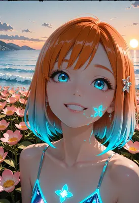 Radiant Girl in a Floral Sunset