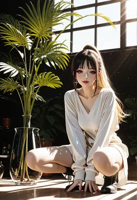 Serene Girl Beside A Lush Plant