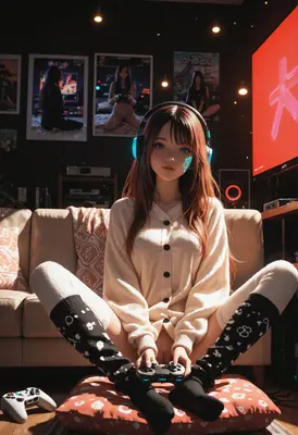 Relaxed Gamer Girl in Cozy Room