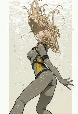 Diver Ascending Through Bubbles