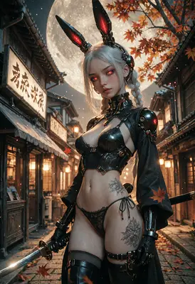 Cybernetic Bunny Blade Under Moonlight