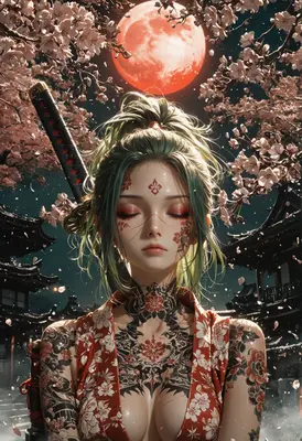 Tattooed Samurai Under Red Moon