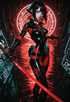 Cybernetic Warrior with Glowing Red Blade