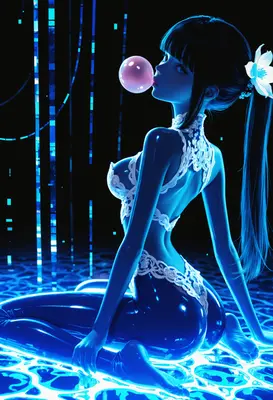 Neon Cyberpunk Girl Blowing Bubblegum
